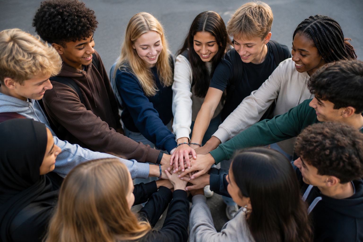 Gruppe von Jugendlichen legt lachend die Hände zusammen